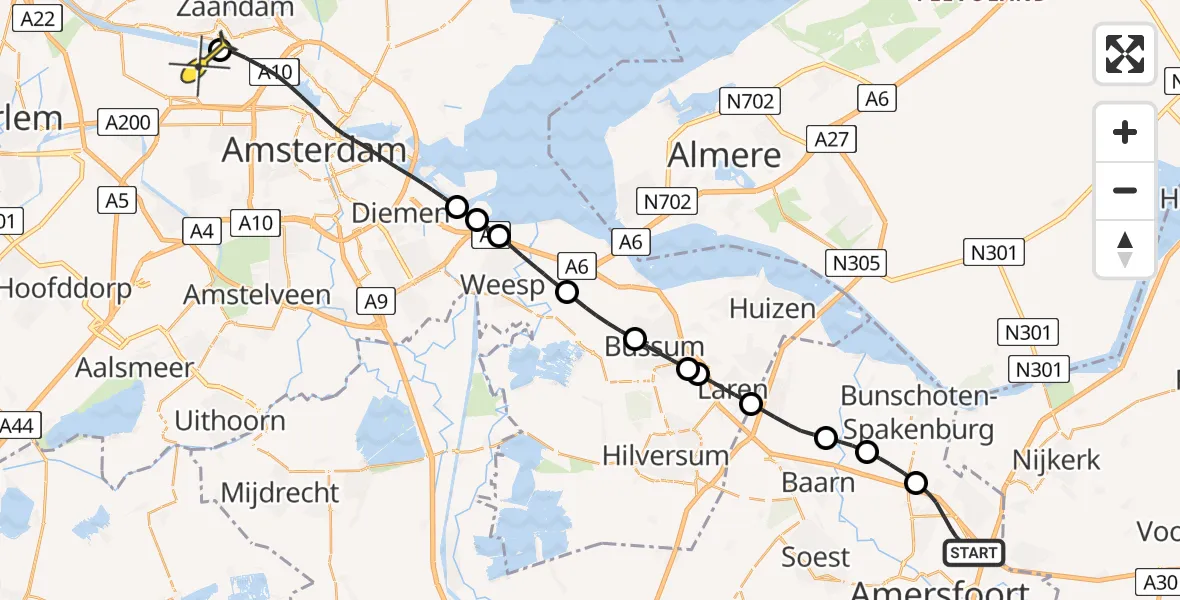 Routekaart van de vlucht: Lifeliner 1 naar Amsterdam Heliport