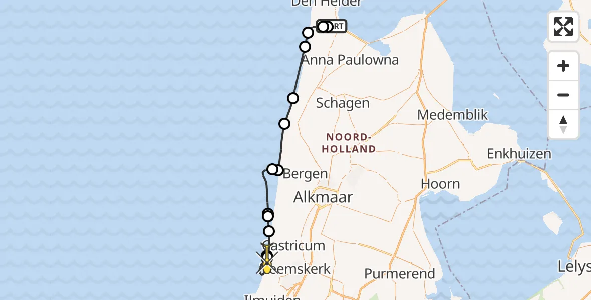 Routekaart van de vlucht: Kustwachthelikopter naar Heemskerk