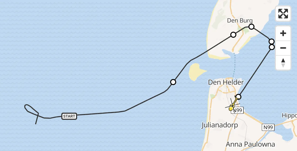 Routekaart van de vlucht: Kustwachthelikopter naar Vliegveld De Kooy