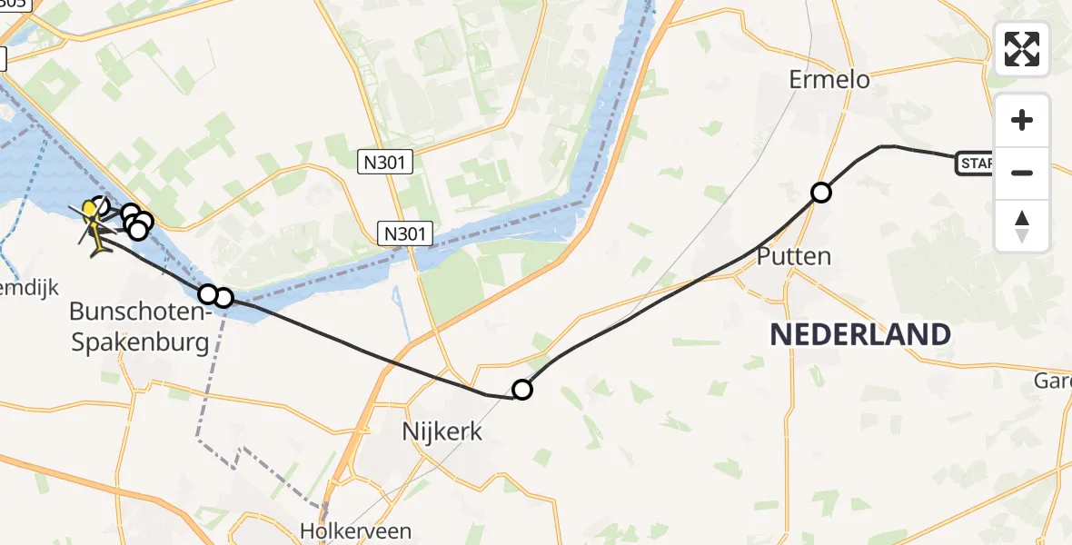 Routekaart van de vlucht: Politiehelikopter naar Bunschoten-Spakenburg
