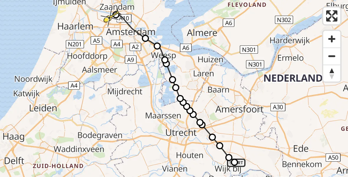 Routekaart van de vlucht: Lifeliner 1 naar Amsterdam Heliport