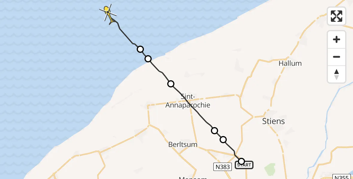 Routekaart van de vlucht: Ambulanceheli naar Oosterend