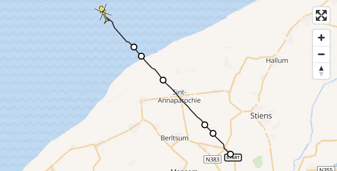 Routekaart van de vlucht: Ambulancehelikopter naar Oosterend