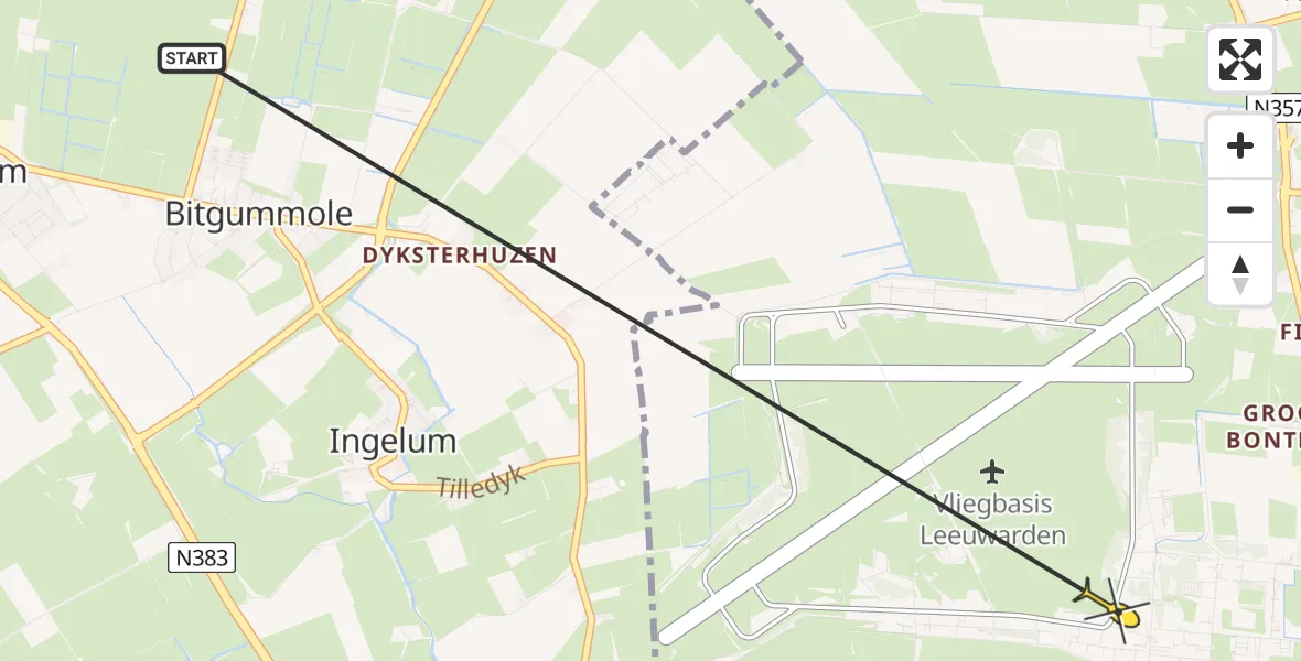 Routekaart van de vlucht: Ambulancehelikopter naar Vliegbasis Leeuwarden