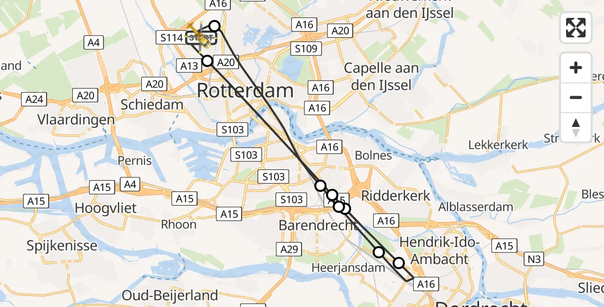 Vluchtroute Traumahelikopter Rotterdam The Hague Airport - Rotterdam The Hague Airport, 23 januari 2024, 07:22