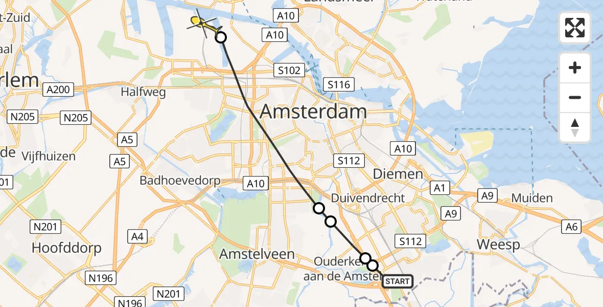 Routekaart van de vlucht: Lifeliner 1 naar Amsterdam Heliport