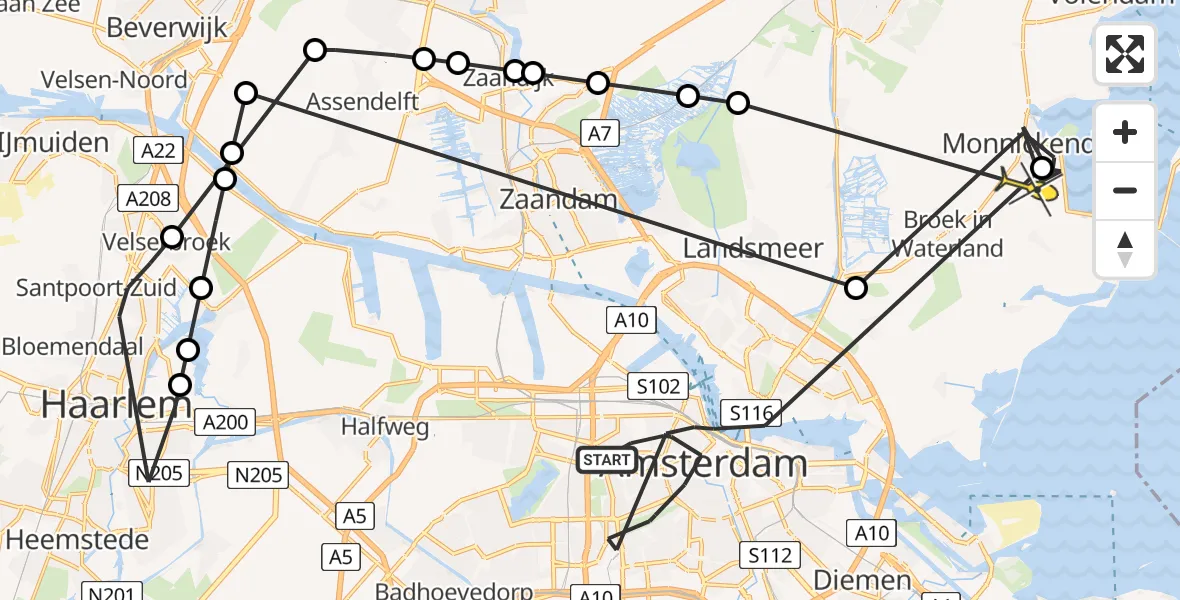 Routekaart van de vlucht: Politieheli naar Broek in Waterland