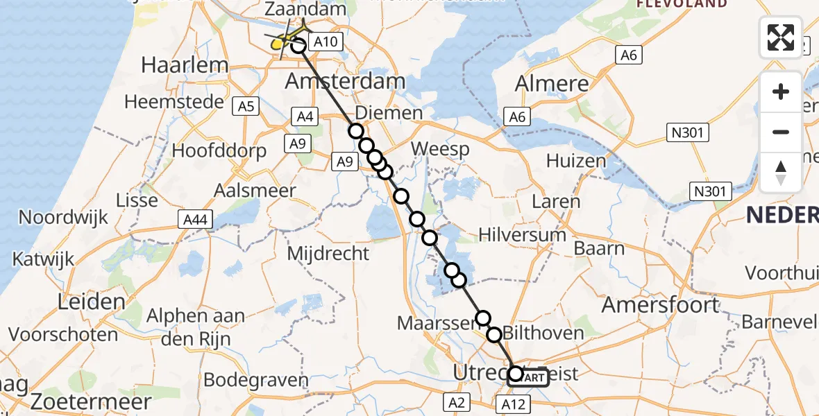 Routekaart van de vlucht: Lifeliner 1 naar Amsterdam Heliport