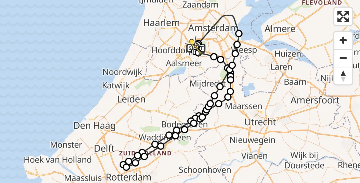 Routekaart van de vlucht: Politieheli naar Schiphol