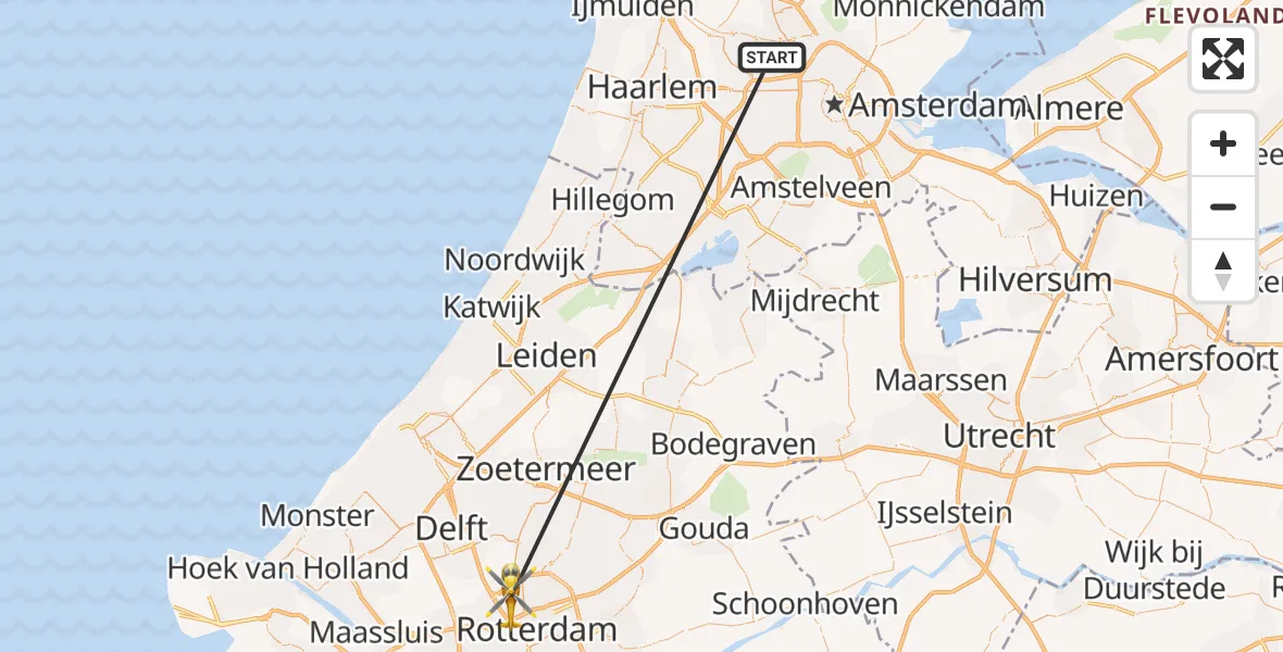 Vluchtroute Traumahelikopter Amsterdam Heliport - Rotterdam The Hague Airport, 24 januari 2024, 09:10