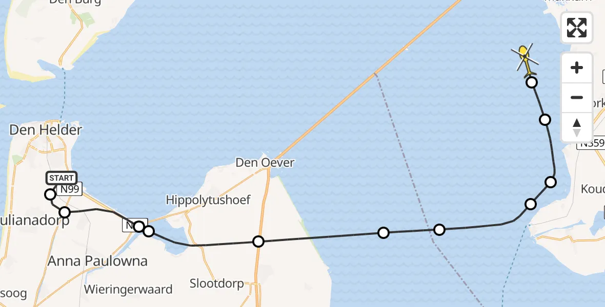 Routekaart van de vlucht: Kustwachthelikopter naar Makkum
