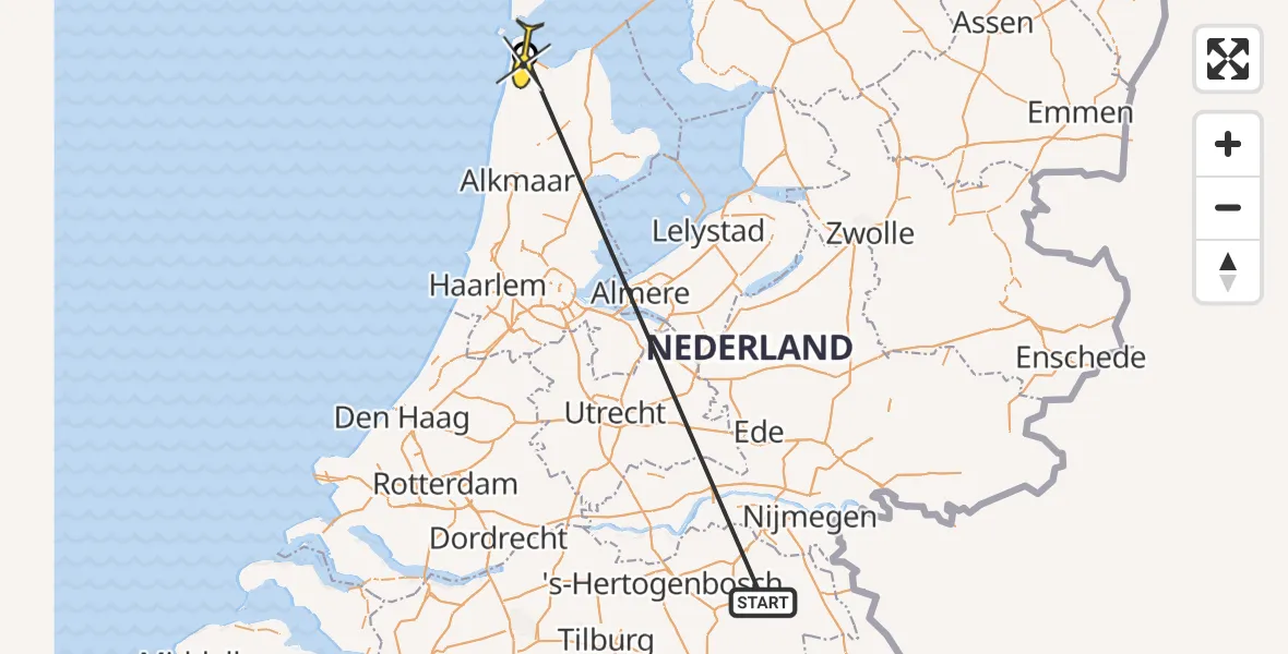 Vluchtroute Traumahelikopter van Vliegbasis Volkel naar Vliegveld De Kooy