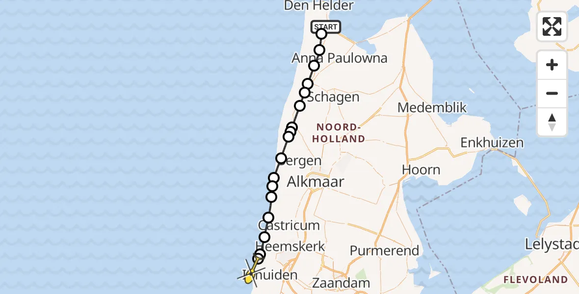 Routekaart van de vlucht: Kustwachthelikopter naar Velsen-Noord