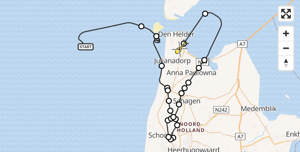 Routekaart van de vlucht: Kustwachthelikopter naar Vliegveld De Kooy