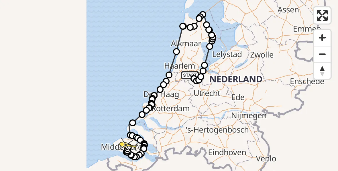 Routekaart van de vlucht: Politieheli naar Vliegveld Midden-Zeeland