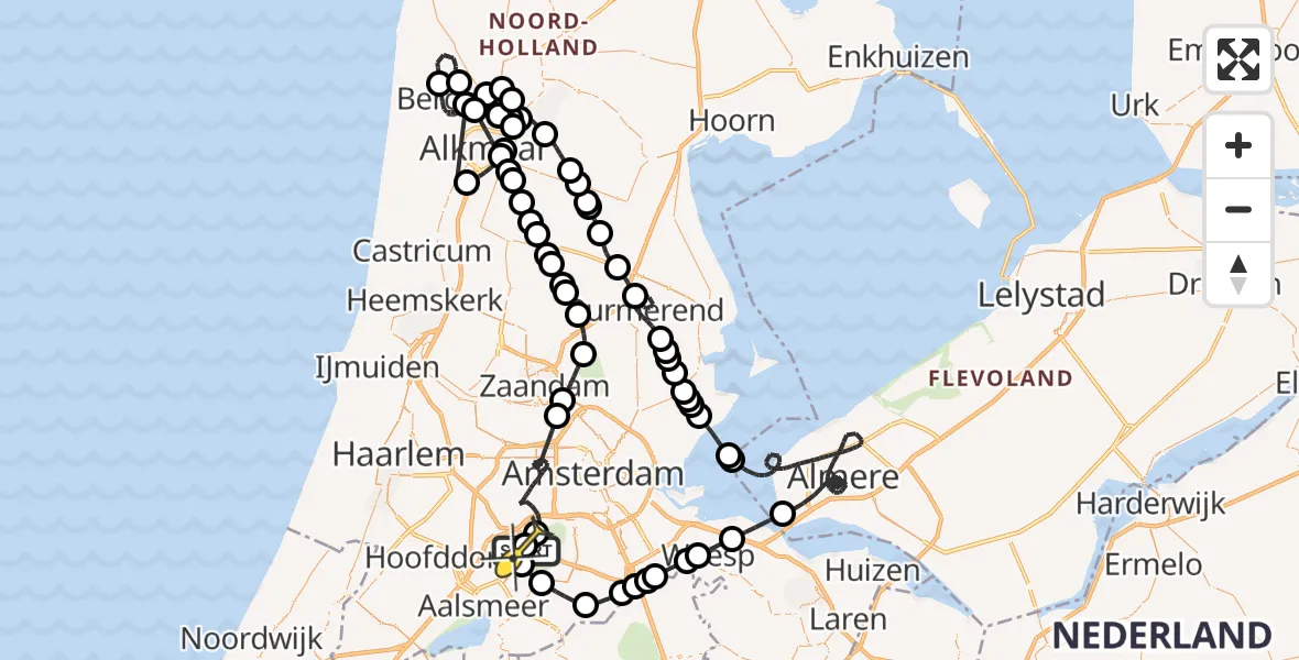 Routekaart van de vlucht: Politieheli naar Schiphol