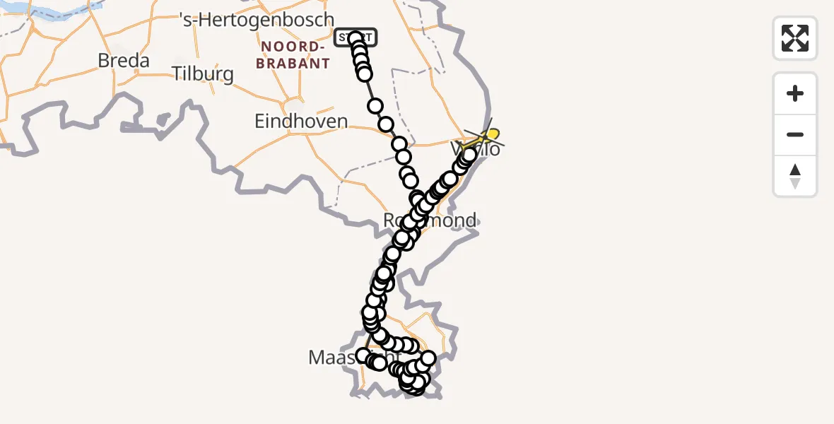 Routekaart van de vlucht: Politieheli naar Venlo