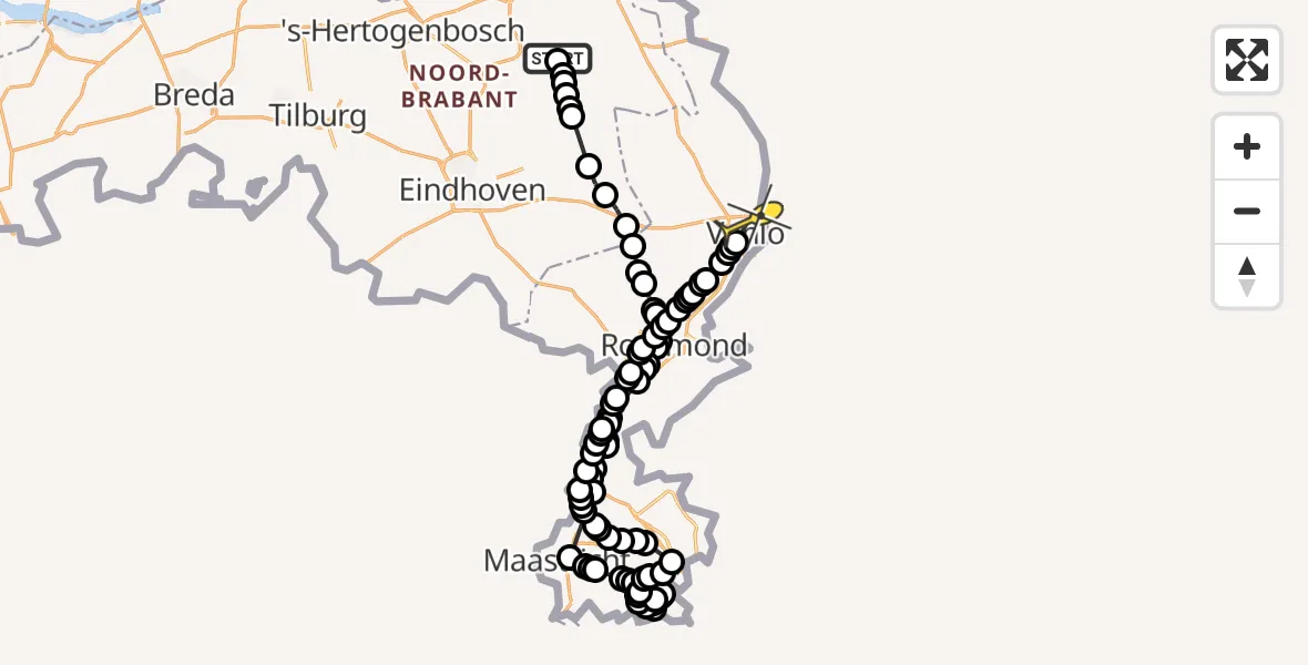 Routekaart van de vlucht: Politiehelikopter naar Venlo