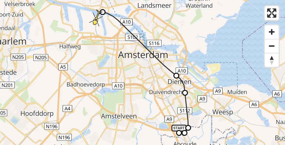 Routekaart van de vlucht: Lifeliner 1 naar Amsterdam Heliport