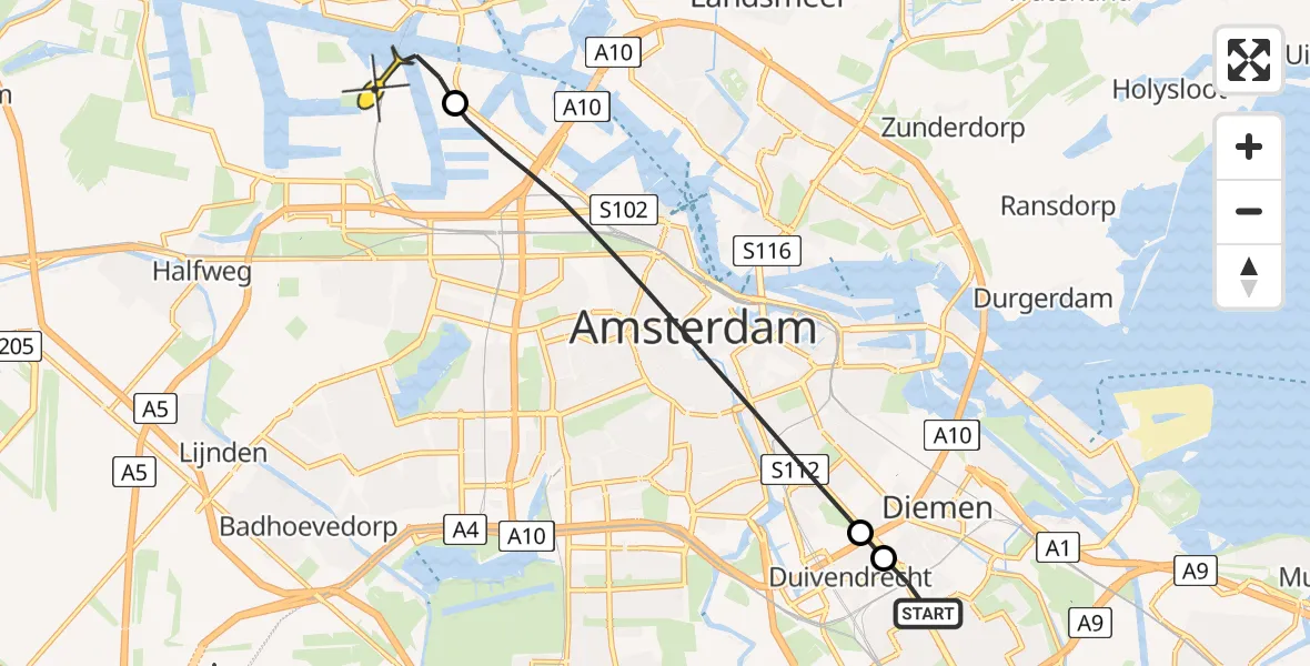 Routekaart van de vlucht: Lifeliner 1 naar Amsterdam Heliport