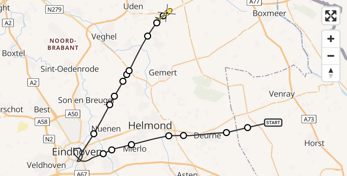 Routekaart van de vlucht: Politieheli naar Vliegbasis Volkel