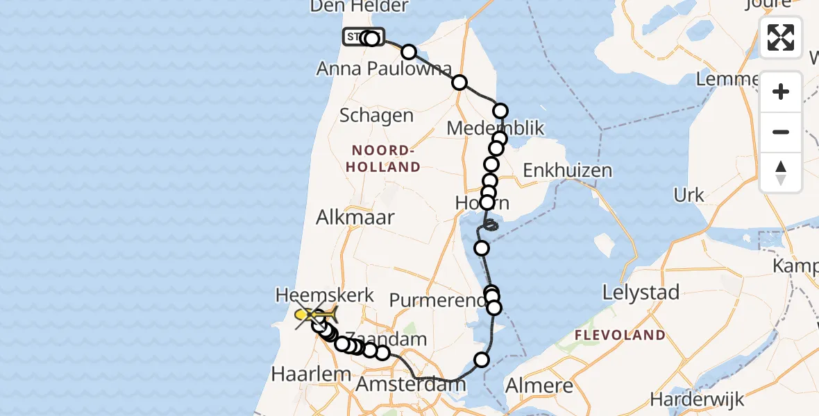 Routekaart van de vlucht: Kustwachthelikopter naar Beverwijk