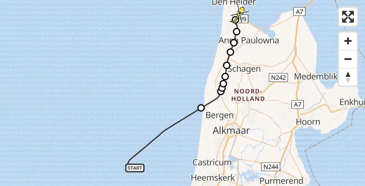 Routekaart van de vlucht: Kustwachthelikopter naar Vliegveld De Kooy