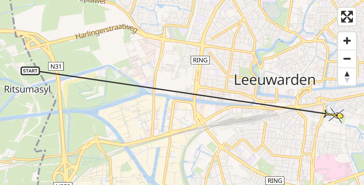 Vluchtroute Ambulancehelikopter van Marsum naar Leeuwarden
