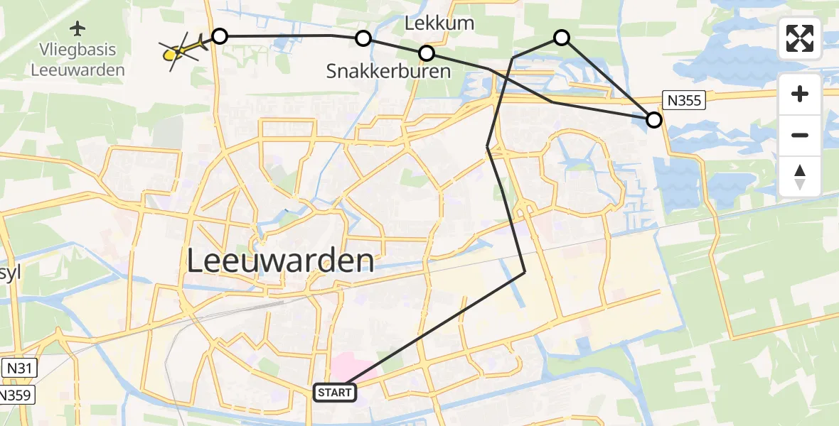 Vluchtroute Ambulancehelikopter van Leeuwarden naar Vliegbasis Leeuwarden