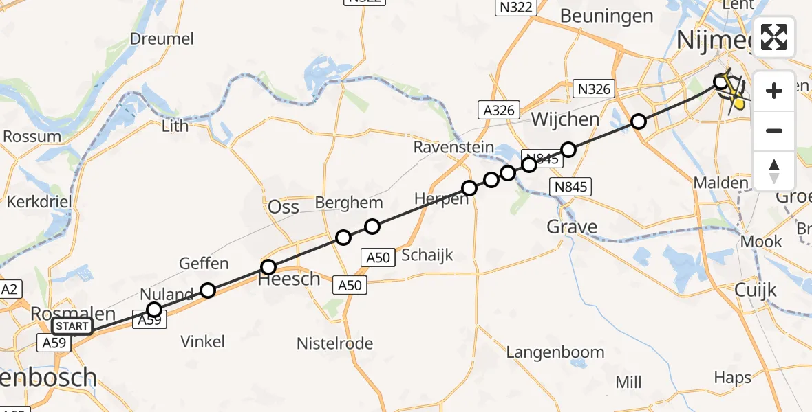 Routekaart van de vlucht: Lifeliner 3 naar Radboud Universitair Medisch Centrum