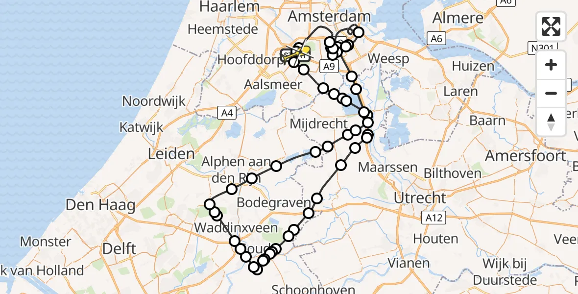 Routekaart van de vlucht: Politieheli naar Schiphol