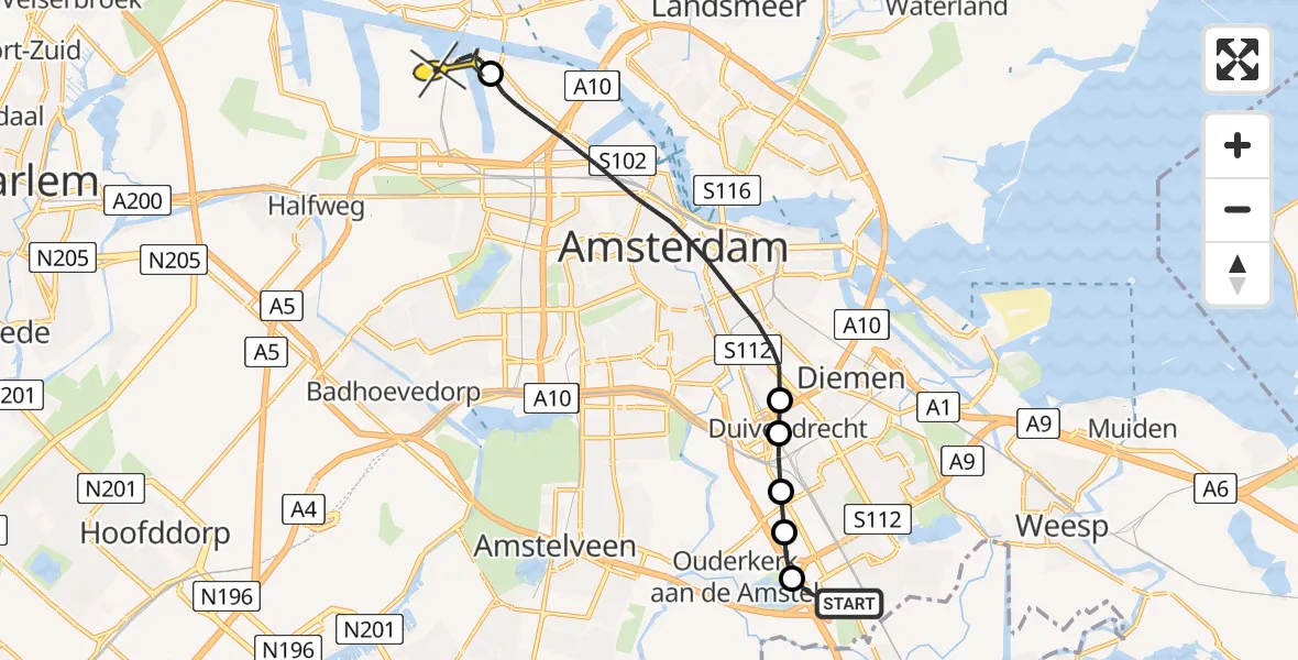 Routekaart van de vlucht: Lifeliner 1 naar Amsterdam Heliport