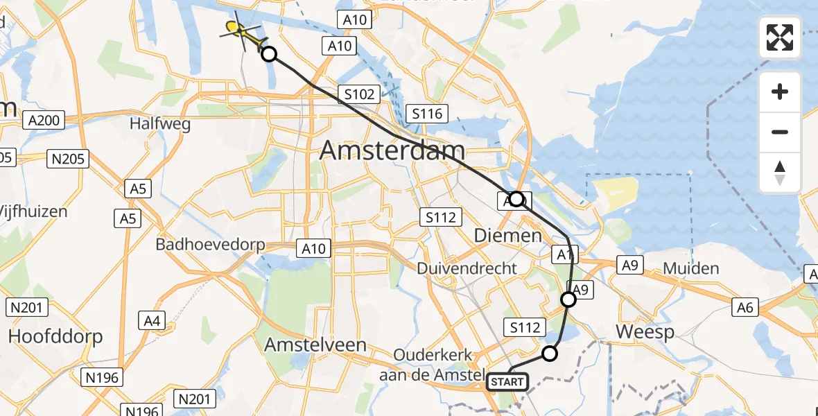 Routekaart van de vlucht: Lifeliner 1 naar Amsterdam Heliport