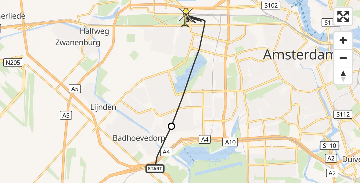 Routekaart van de vlucht: Politieheli naar Amsterdam