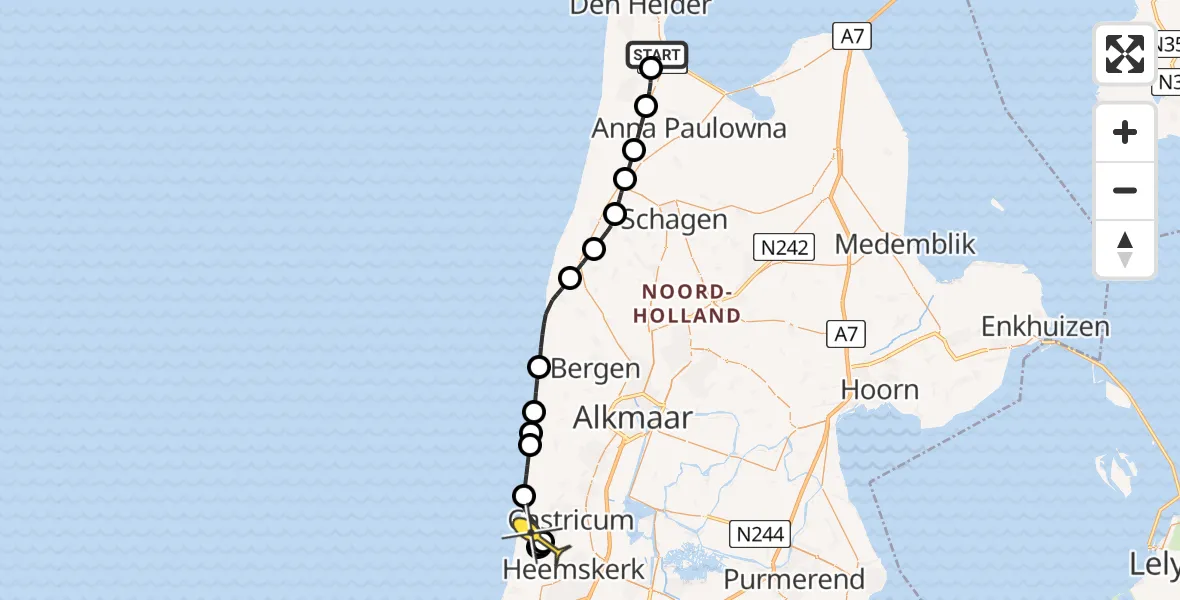Routekaart van de vlucht: Kustwachthelikopter naar Castricum
