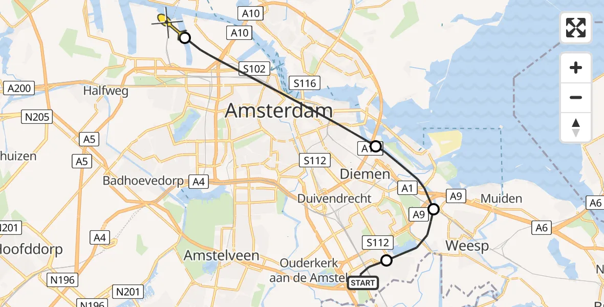 Routekaart van de vlucht: Lifeliner 1 naar Amsterdam Heliport