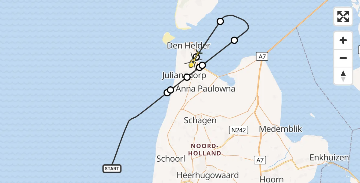 Routekaart van de vlucht: Kustwachthelikopter naar Vliegveld De Kooy