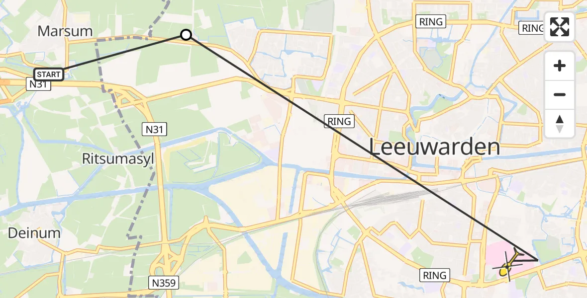 Vluchtroute Ambulancehelikopter van Marsum naar Leeuwarden