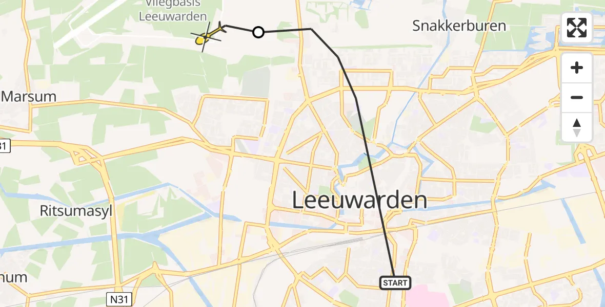 Vluchtroute Ambulancehelikopter van Leeuwarden naar Vliegbasis Leeuwarden