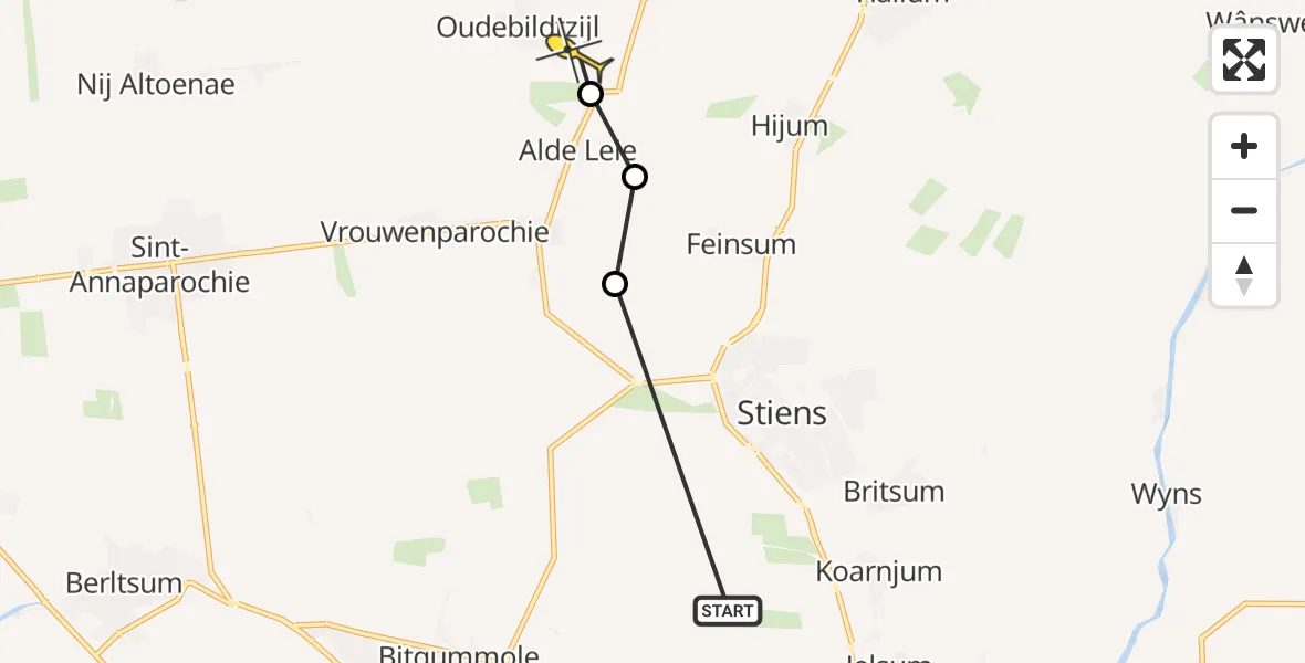 Routekaart van de vlucht: Ambulanceheli naar Oudebildtzijl