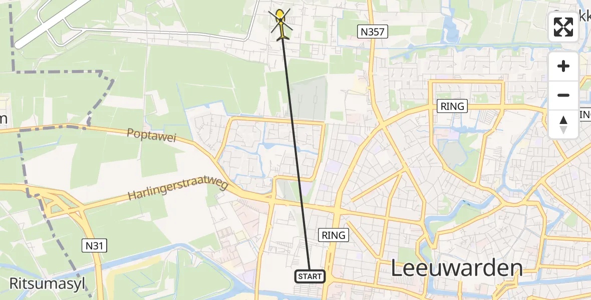 Vluchtroute Ambulancehelikopter van Leeuwarden naar Vliegbasis Leeuwarden