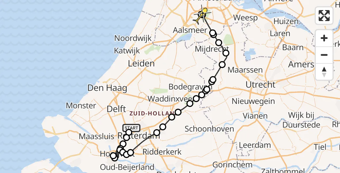 Routekaart van de vlucht: Politieheli naar Schiphol