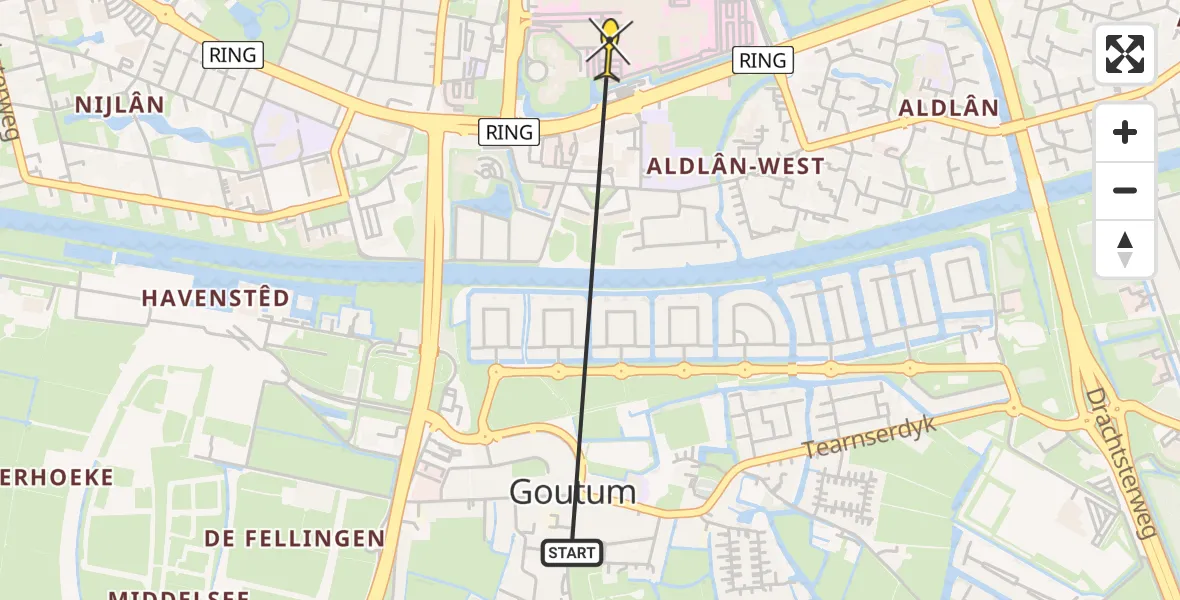 Routekaart van de vlucht: Ambulancehelikopter naar Leeuwarden