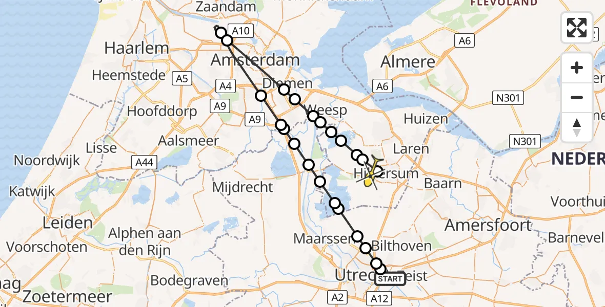 Routekaart van de vlucht: Lifeliner 1 naar Hilversum