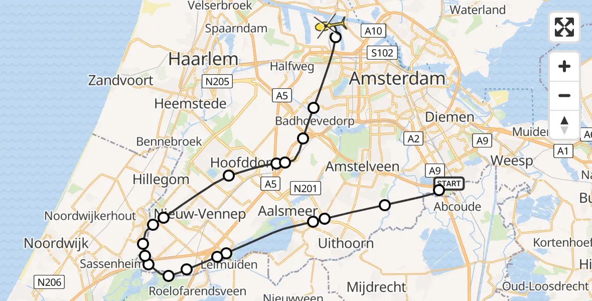 Routekaart van de vlucht: Lifeliner 1 naar Amsterdam Heliport