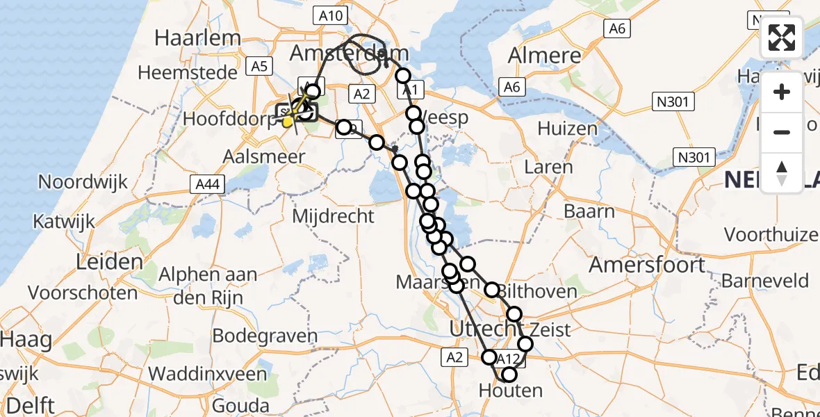 Routekaart van de vlucht: Politieheli naar Schiphol