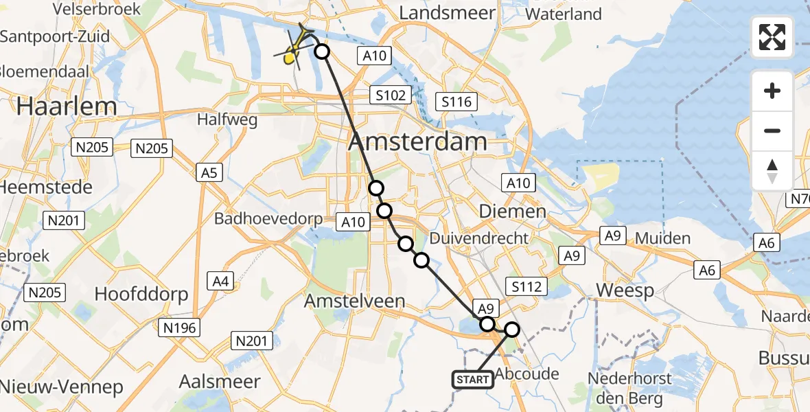 Routekaart van de vlucht: Lifeliner 1 naar Amsterdam Heliport