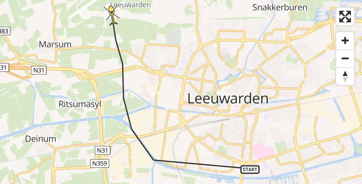 Vluchtroute Ambulancehelikopter van Leeuwarden naar Vliegbasis Leeuwarden