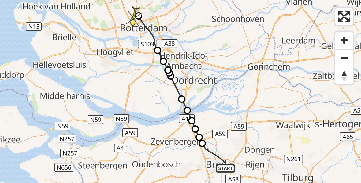 Routekaart van de vlucht: Lifeliner 2 naar Rotterdam The Hague Airport, Molenslag