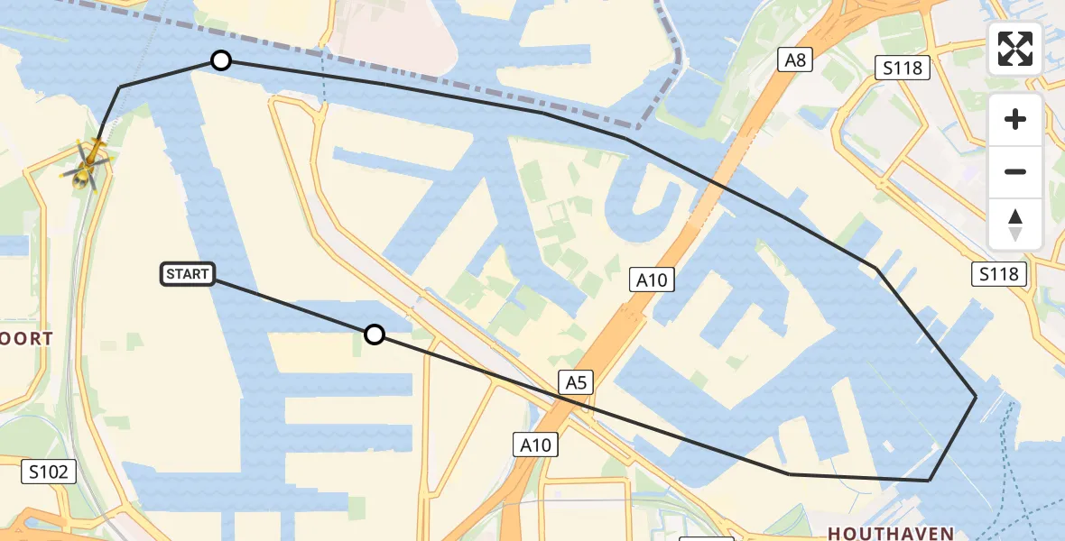 Vluchtroute Traumahelikopter van Amsterdam Heliport naar Amsterdam Heliport